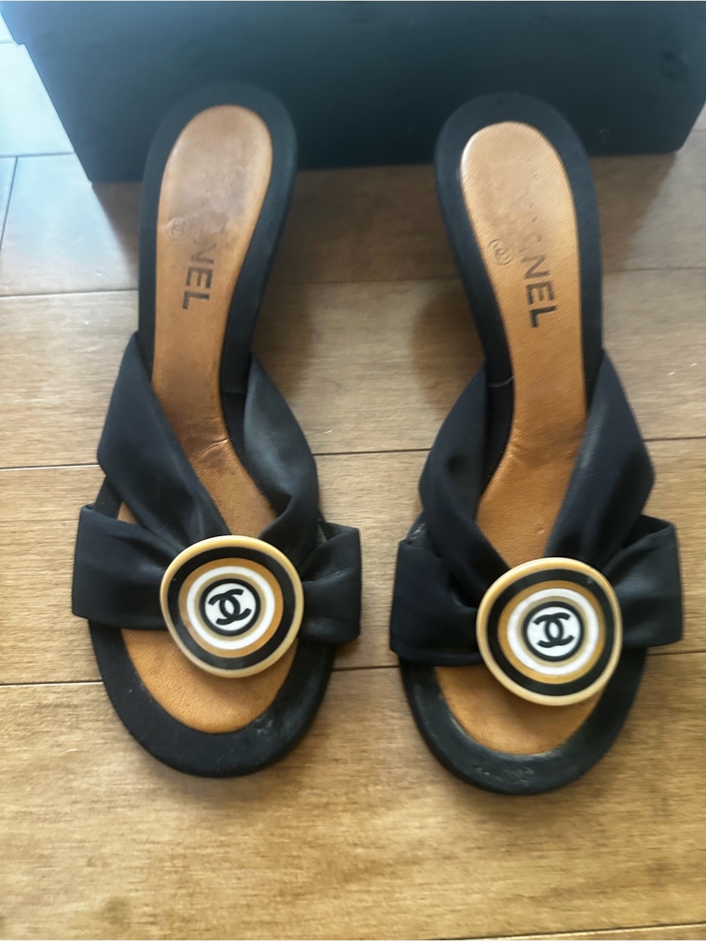 Chanel Vintage Black Fabric CC Slide Sandals